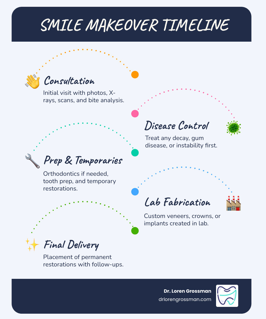 Smile makeover timeline from consult to final delivery infographic