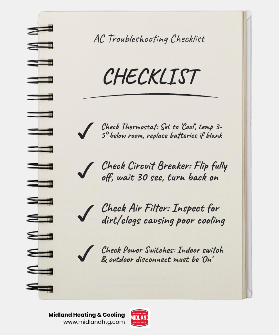AC troubleshooting checklist infographic showing 7 steps before calling a pro infographic AC troubleshooting checklist infographic showing 7 steps before calling a pro infographic