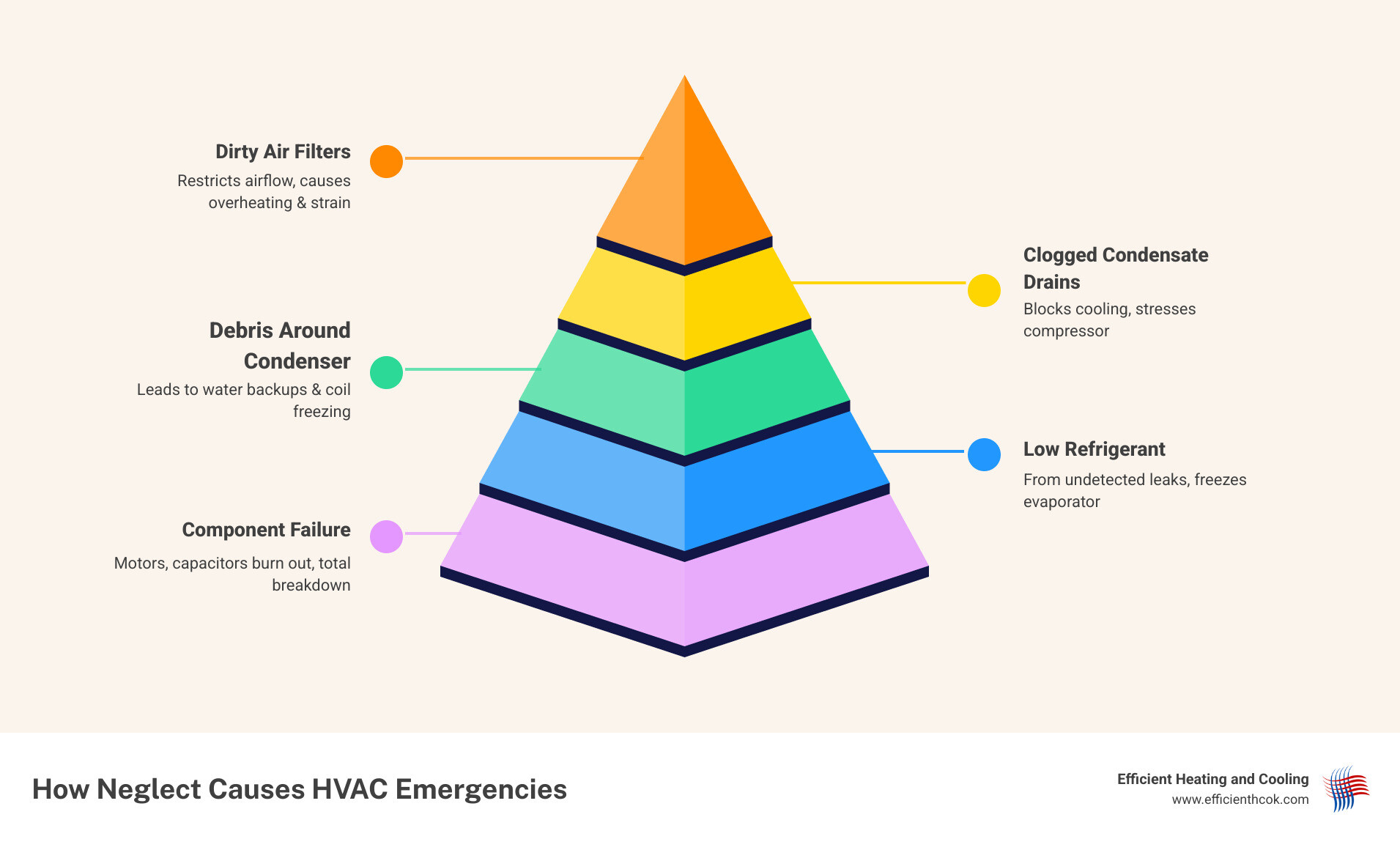 Infographic showing how small HVAC maintenance issues escalate into full system emergencies step by step infographic