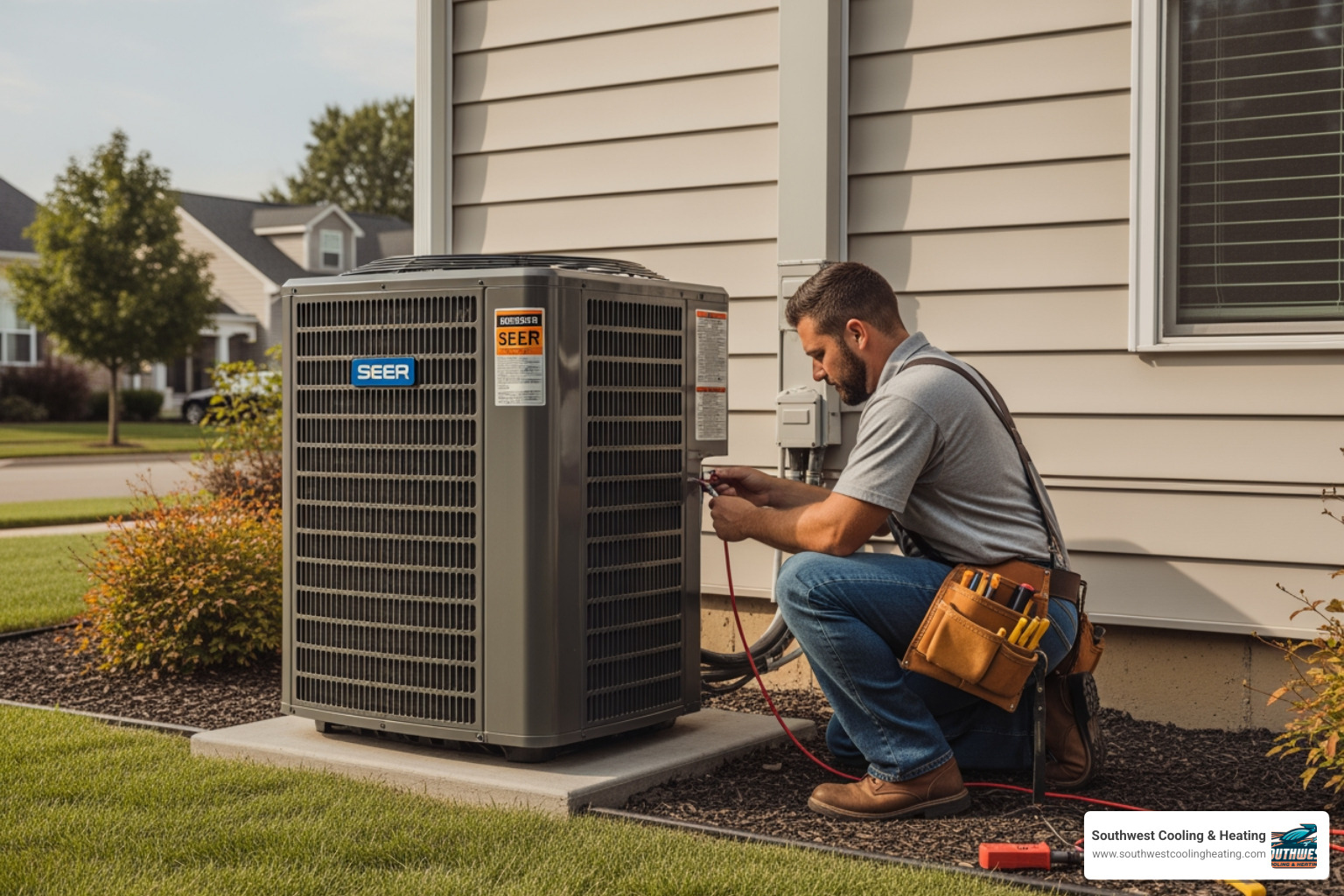Technician installing a brand new, high-efficiency HVAC outdoor unit with modern SEER labels visible
