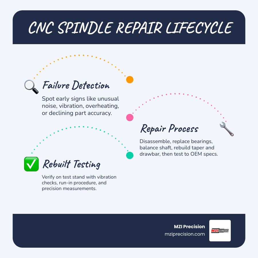 CNC spindle repair lifecycle infographic from failure signs to rebuilt spindle testing infographic