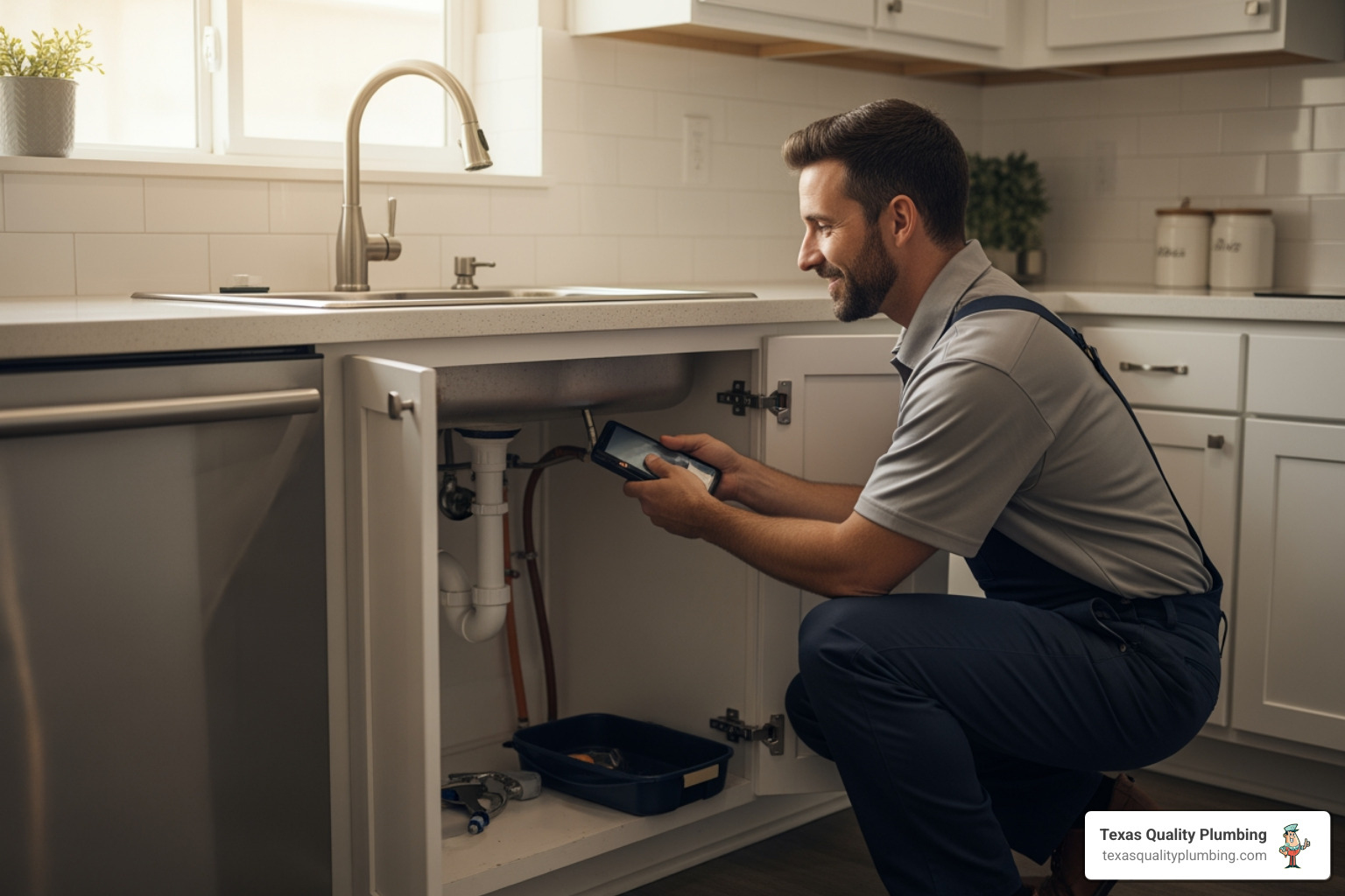 plumber repairing sink and checking plumbing in a Greater Houston home plumber repairing sink and checking plumbing in a Greater Houston home