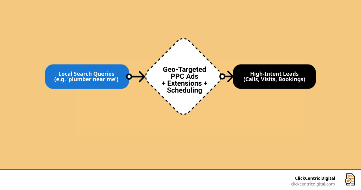 How local PPC management turns searches into calls, visits, and leads step by step infographic