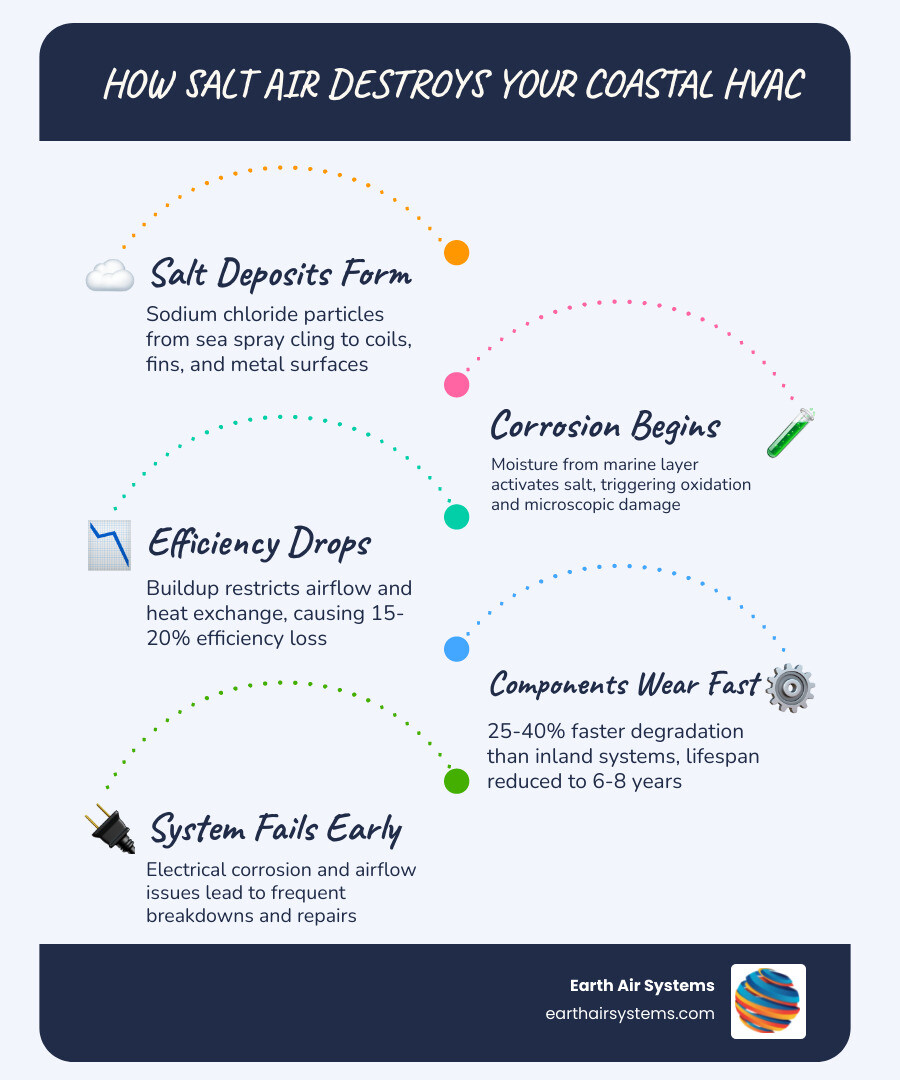 Infographic showing how salt air corrodes HVAC components, reduces efficiency, and shortens system lifespan in coastal San Infographic showing how salt air corrodes HVAC components, reduces efficiency, and shortens system lifespan in coastal San