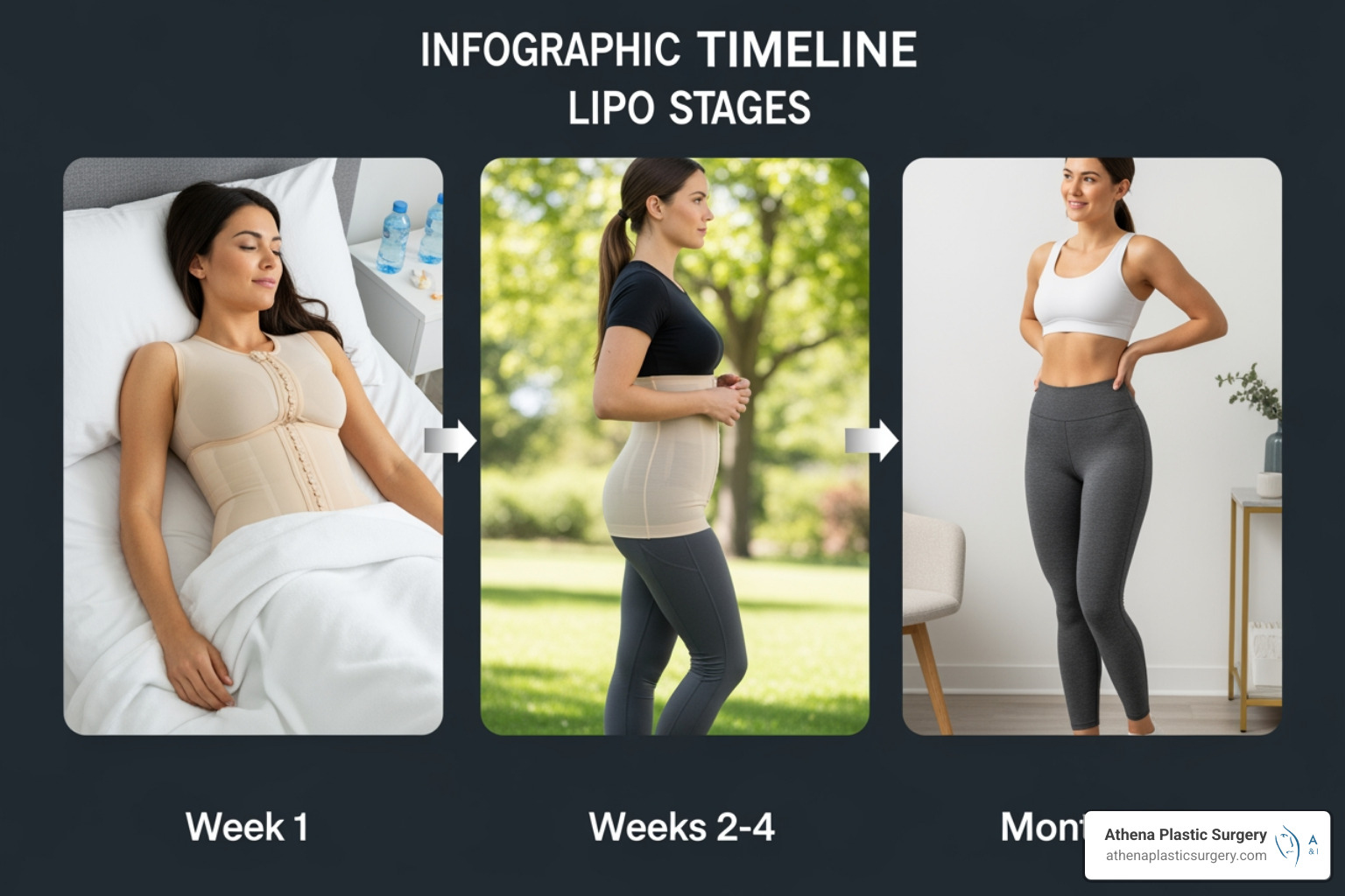 Lipo 360 recovery timeline: Week 1 (rest), Week 2-4 (light activity), Month 3-6 (final results) Lipo 360 recovery timeline: Week 1 (rest), Week 2-4 (light activity), Month 3-6 (final results)