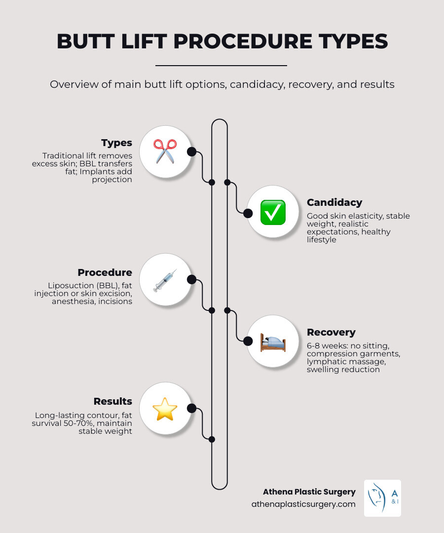 Overview infographic of butt lift procedure types, candidacy, recovery, and results infographic Overview infographic of butt lift procedure types, candidacy, recovery, and results infographic