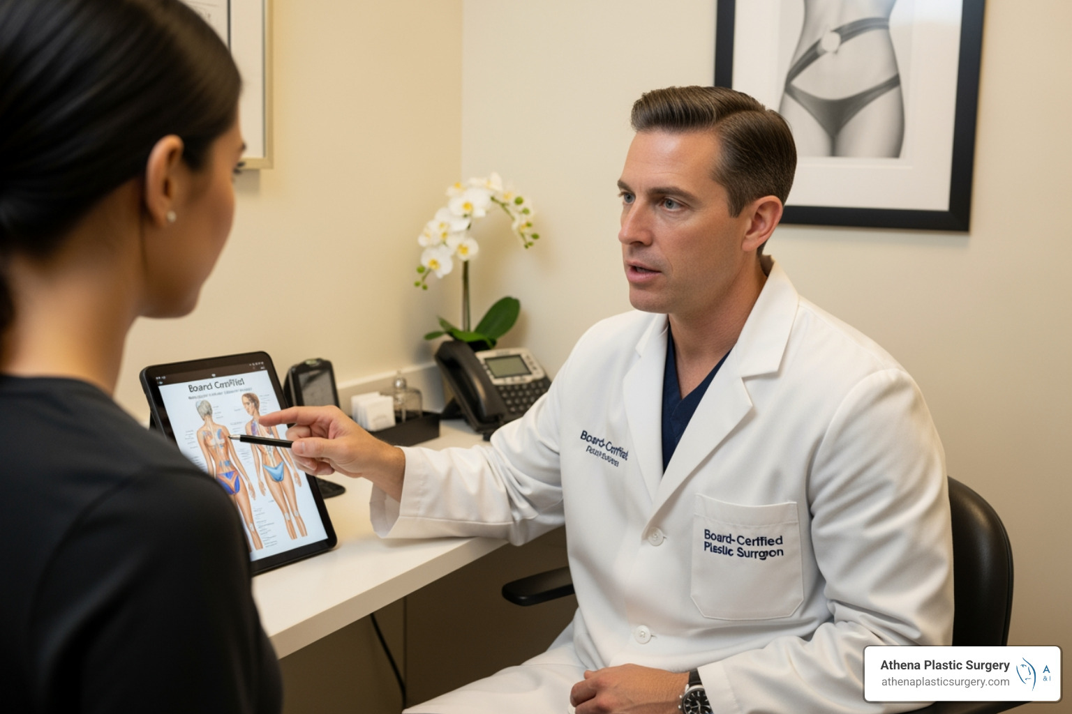 A patient consultation with a board-certified plastic surgeon discussing body contouring goals A patient consultation with a board-certified plastic surgeon discussing body contouring goals