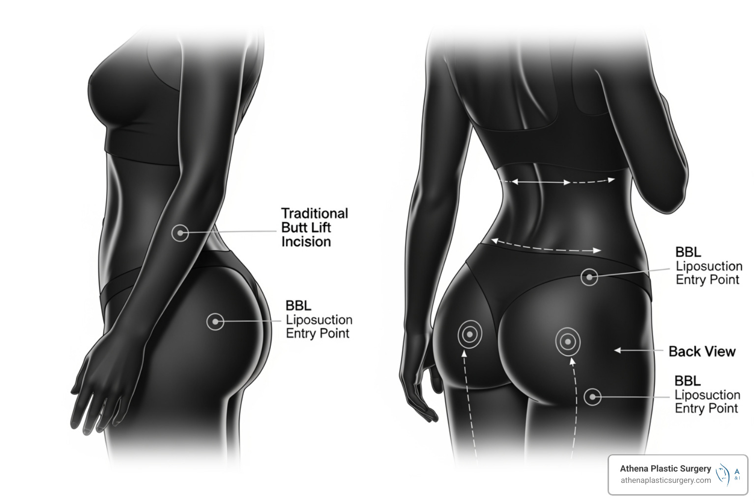 Illustration of common incision placements for traditional butt lifts and BBL access points Illustration of common incision placements for traditional butt lifts and BBL access points