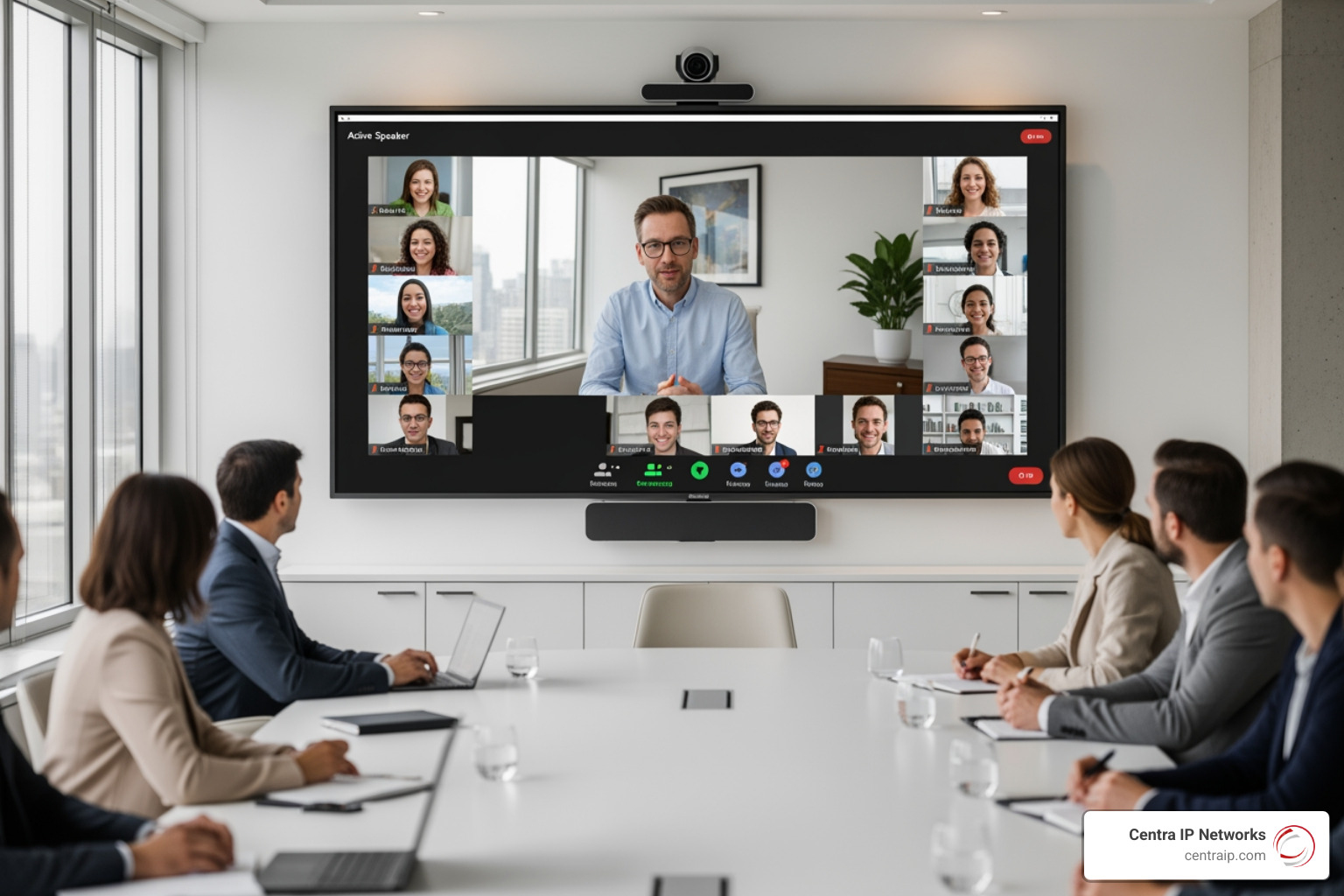AI-powered hybrid meeting layout with speaker framing and remote participant tiles AI-powered hybrid meeting layout with speaker framing and remote participant tiles