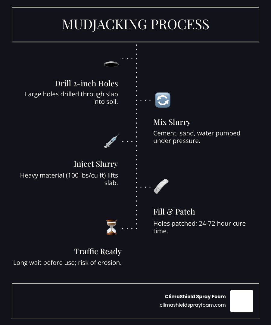 Side-by-side comparison of foam injection vs slurry pumping process for concrete leveling infographic