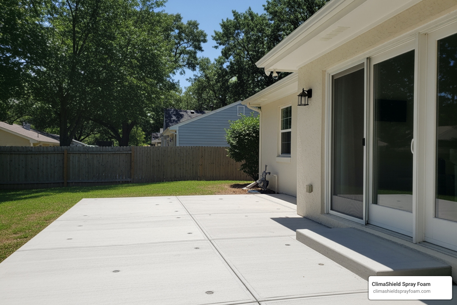 A finished concrete patio with nearly invisible repair marks after polyjacking