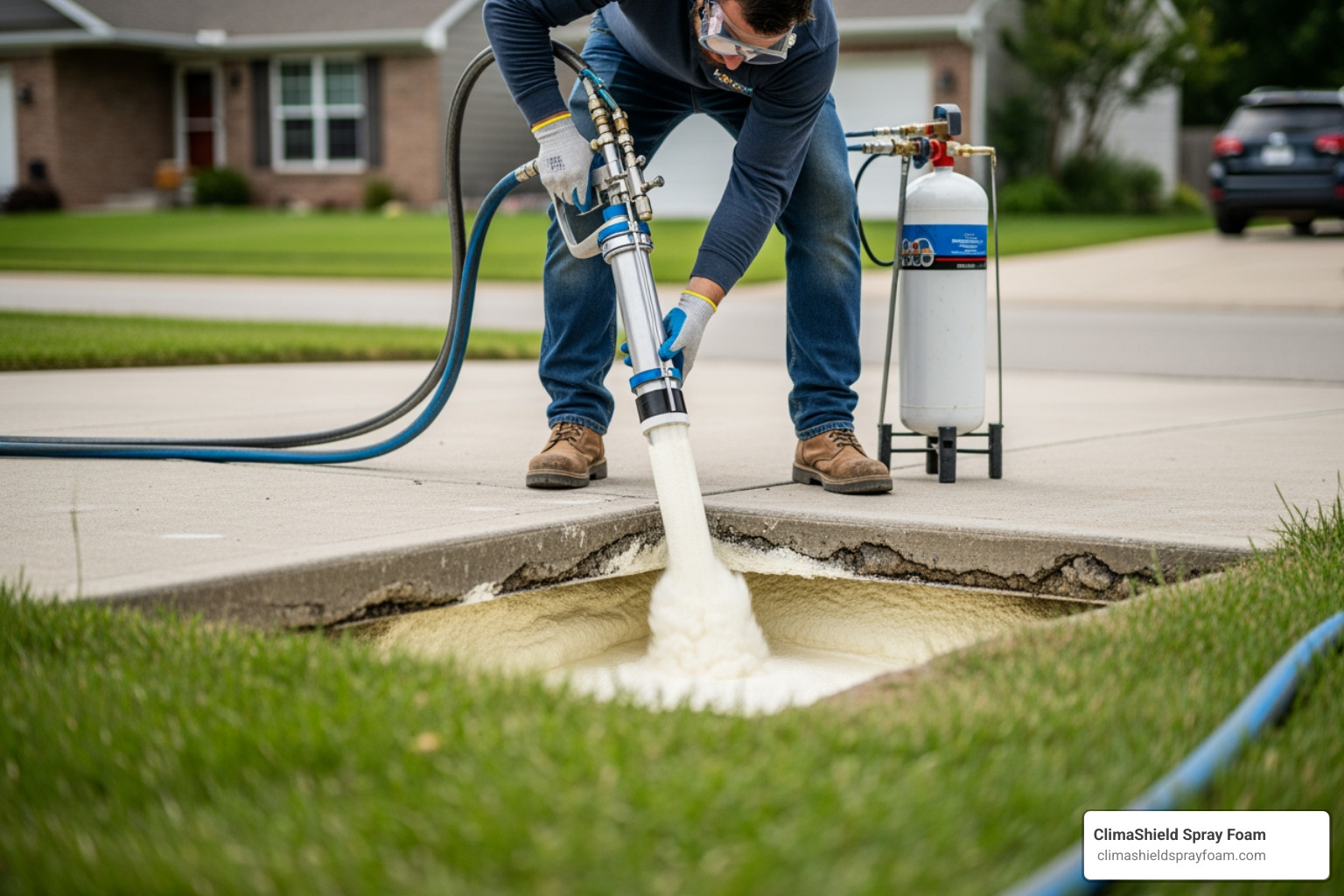 Technician injecting polyurethane material under a concrete slab to level it