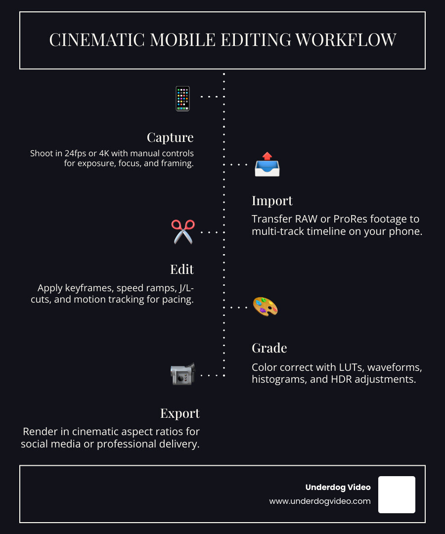 Cinematic mobile editing workflow from capture to social media export infographic infographic