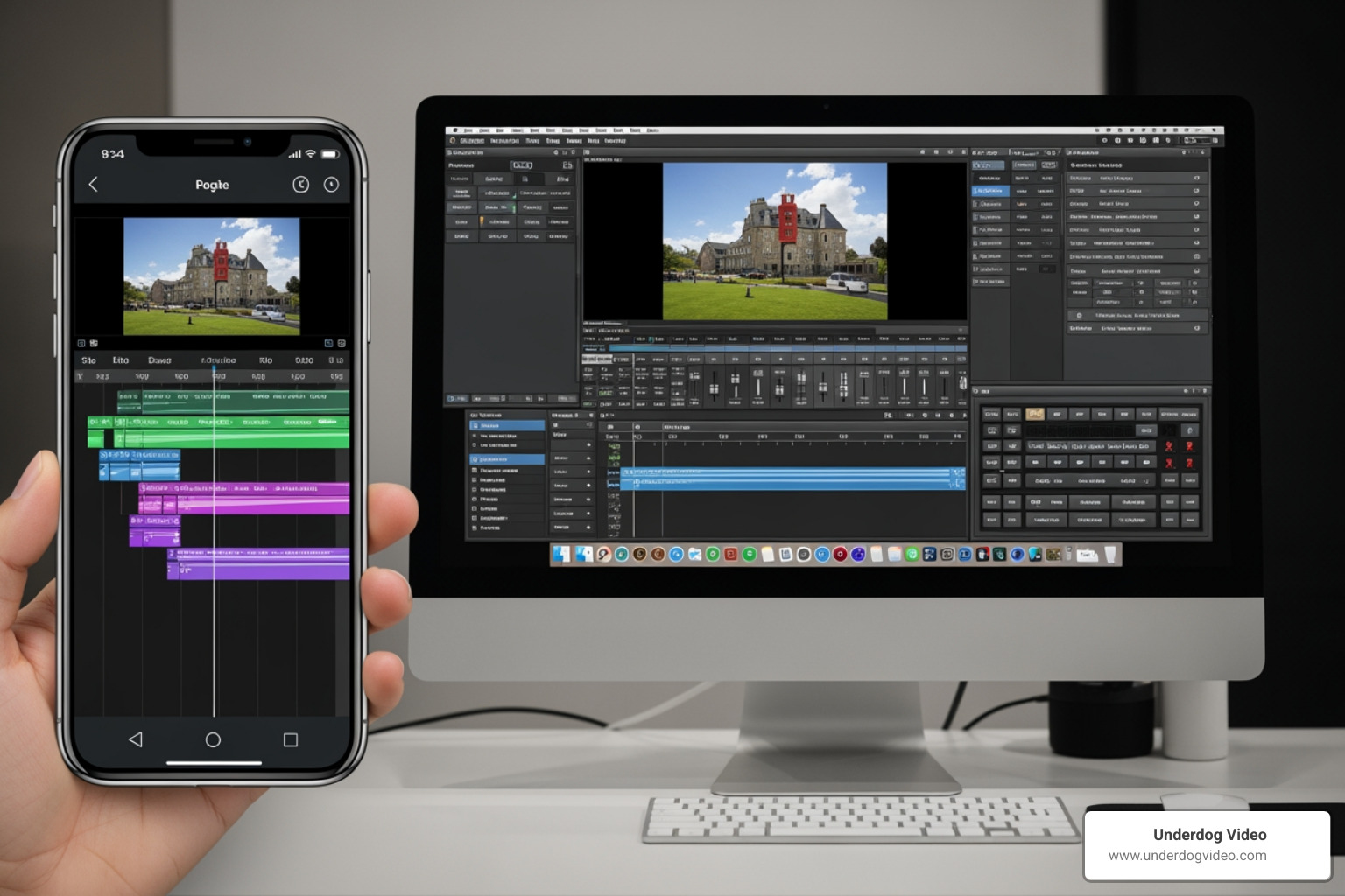 Comparison of a mobile multi-track timeline versus a desktop NLE