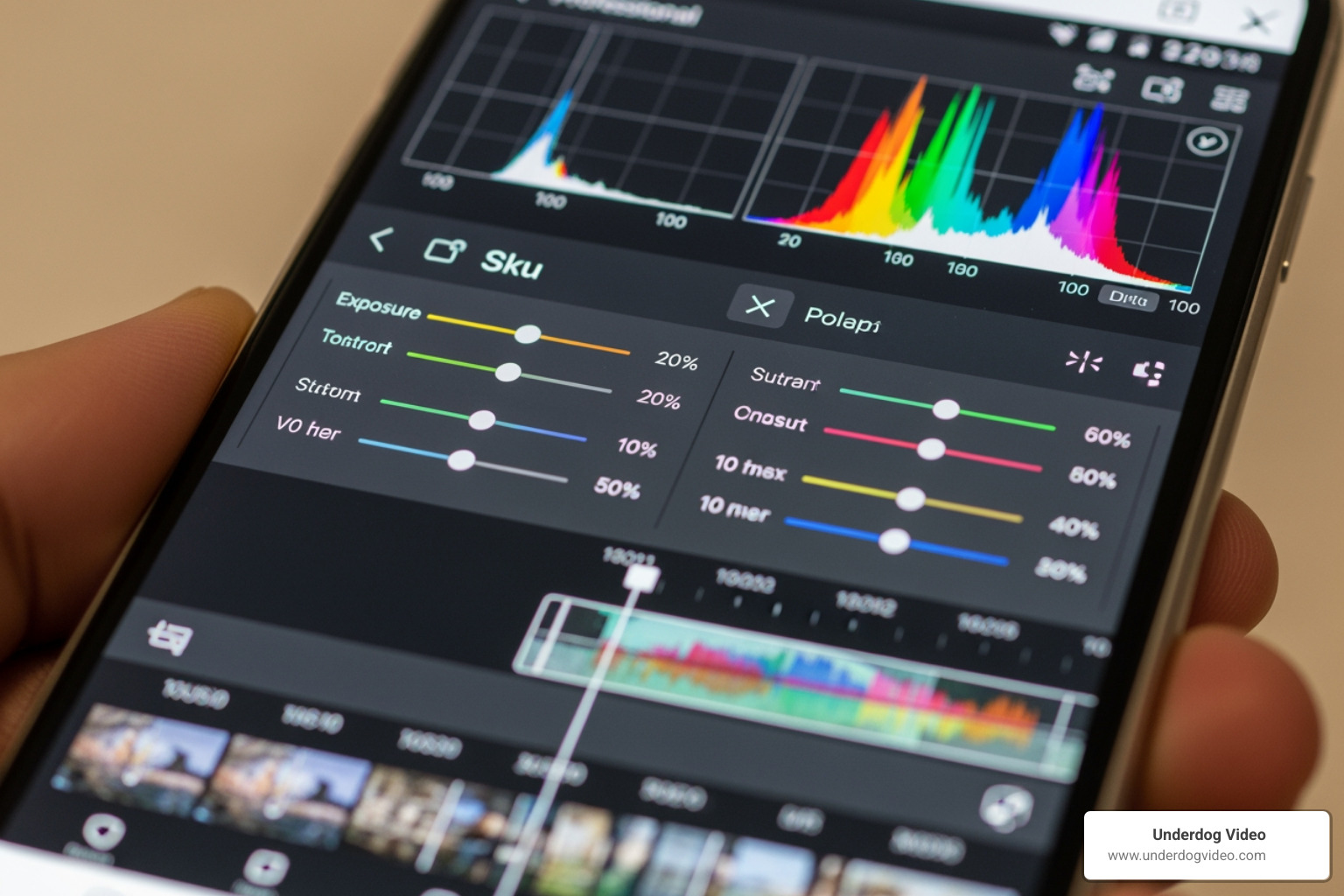 A mobile color grading interface with waveforms and histograms