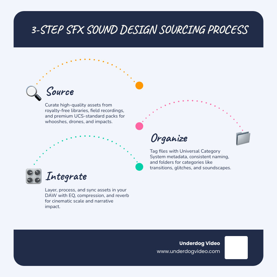 3-step SFX sound design sourcing process: source, organize, integrate infographic