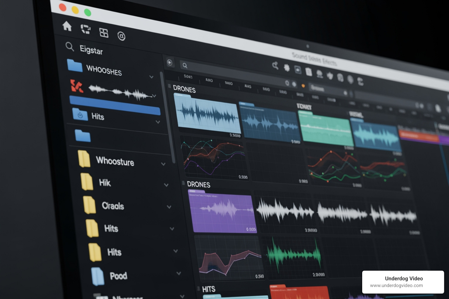 categorized digital sound library showing whooshes, drones, and hits