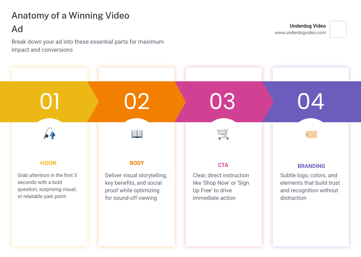 Infographic showing the anatomy of a winning video ad: Hook, Body, CTA, and Branding infographic