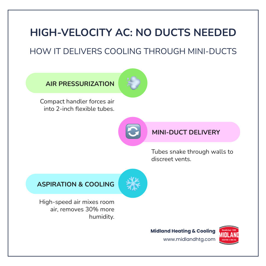 Infographic showing high-velocity AC air distribution process through 2-inch flexible mini-ducts in a home cross-section