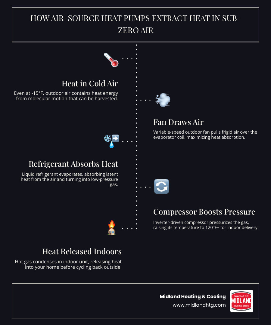 Infographic showing how an air-source heat pump extracts heat from sub-zero outdoor air and transfers it indoors infographic Infographic showing how an air-source heat pump extracts heat from sub-zero outdoor air and transfers it indoors infographic