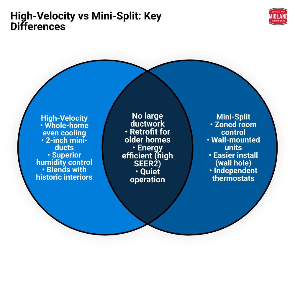 High-velocity vs mini-split comparison infographic for homes without ducts showing efficiency, aesthetics, and zoning High-velocity vs mini-split comparison infographic for homes without ducts showing efficiency, aesthetics, and zoning