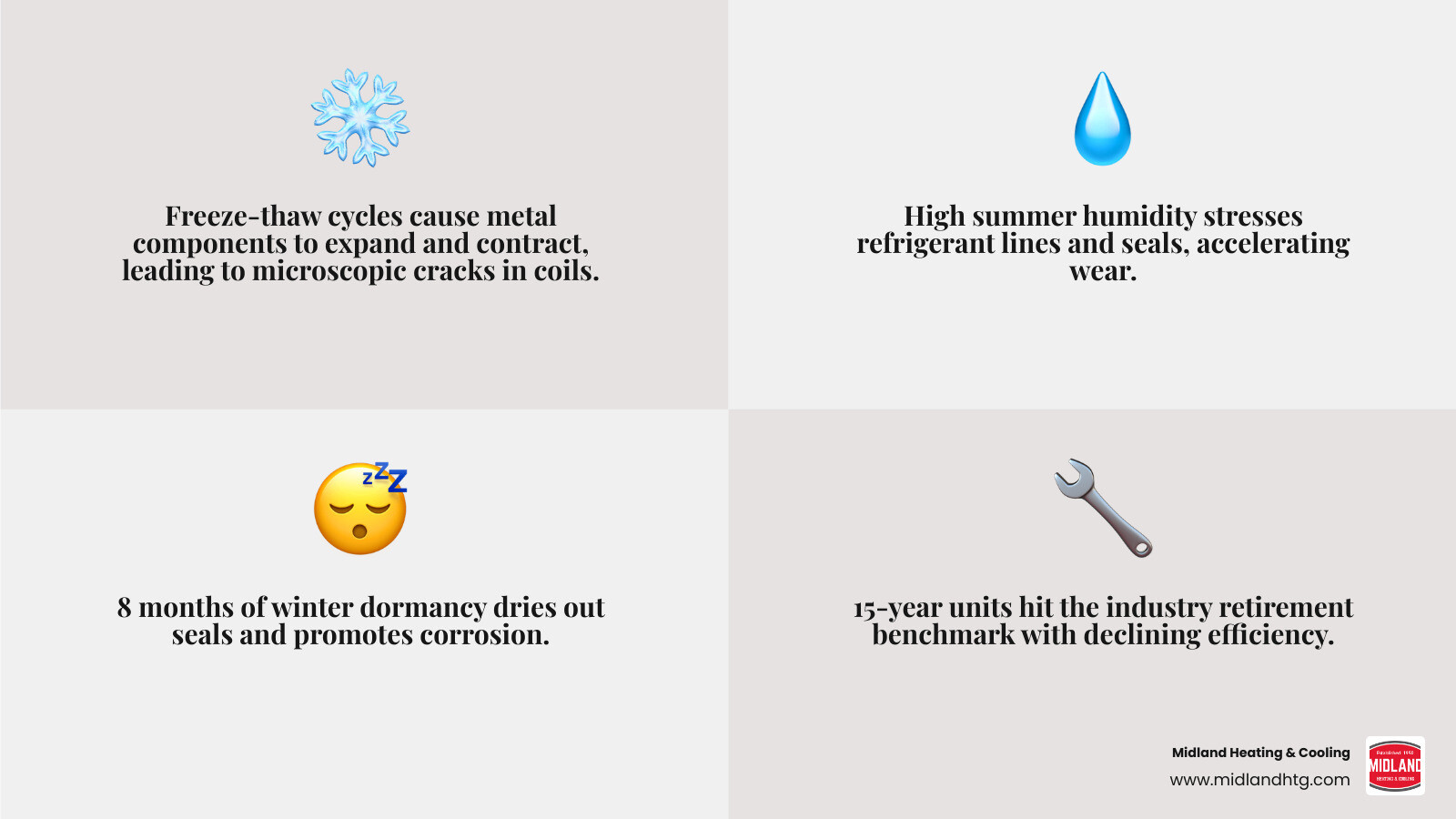 Infographic showing average AC lifecycle in Minnesota: years 1-5 peak performance, 6-10 moderate wear, 11-15 efficiency Infographic showing average AC lifecycle in Minnesota: years 1-5 peak performance, 6-10 moderate wear, 11-15 efficiency