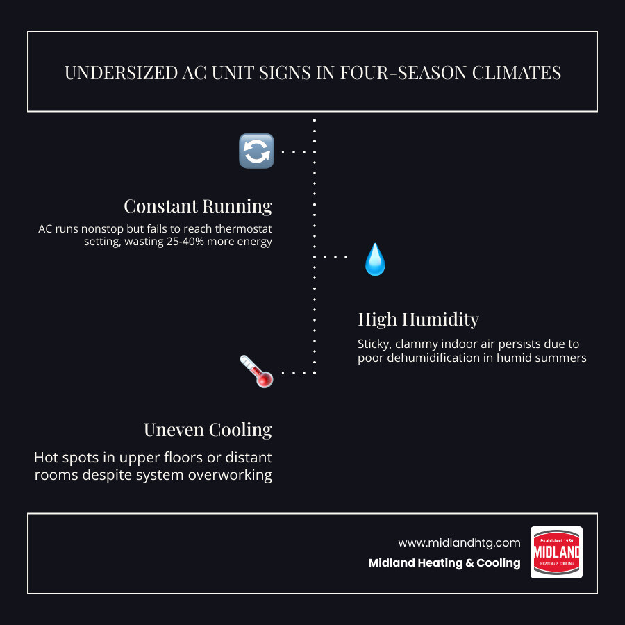 Infographic showing undersized AC unit signs and how sizing impacts cooling efficiency and indoor comfort in four-season