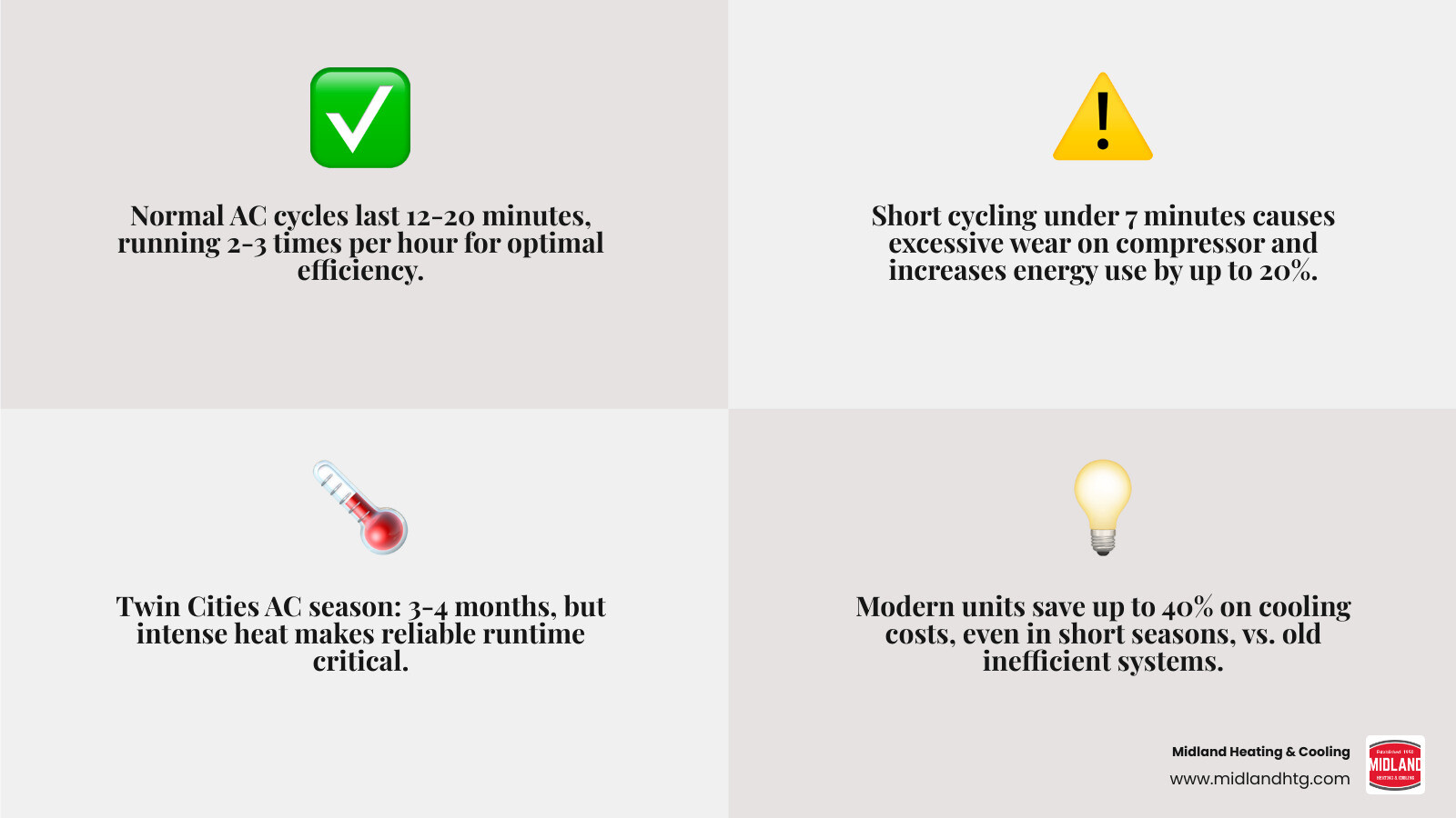 Infographic: normal AC cycle durations vs. short cycling, and when short seasons justify AC replacement infographic