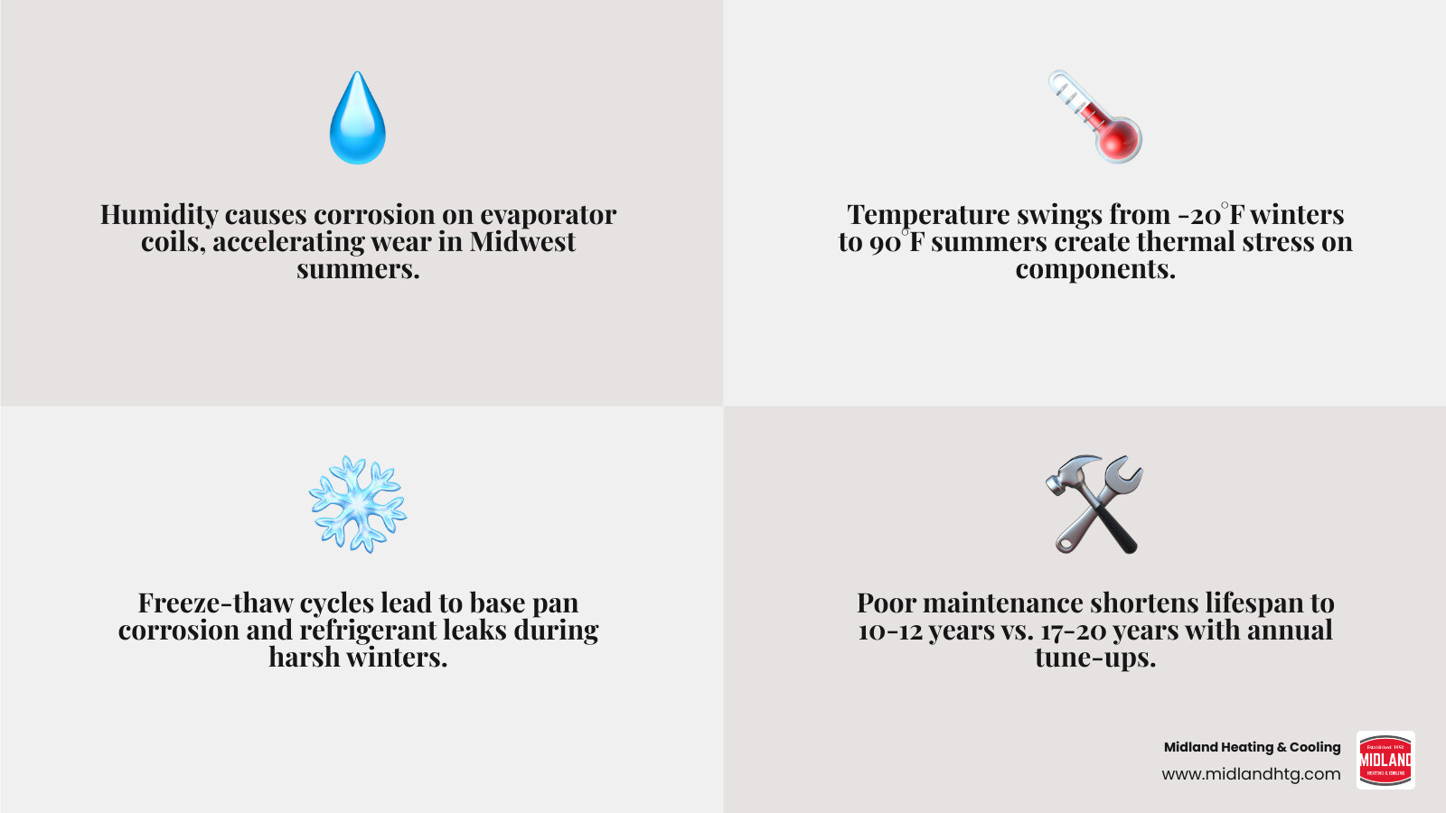 Infographic showing 5 key factors affecting AC lifespan in Midwest climates including humidity, thermal stress, maintenance Infographic showing 5 key factors affecting AC lifespan in Midwest climates including humidity, thermal stress, maintenance