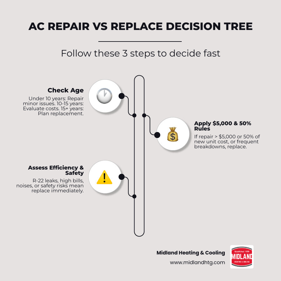 AC repair vs replace decision tree infographic showing age, cost rules, refrigerant type, and efficiency factors infographic AC repair vs replace decision tree infographic showing age, cost rules, refrigerant type, and efficiency factors infographic