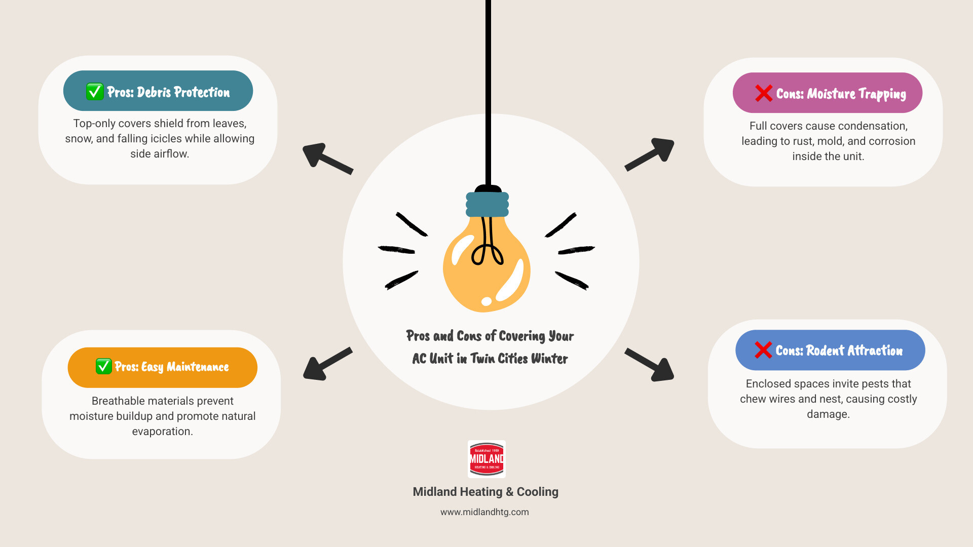 Pros and cons infographic of covering your AC unit during a Twin Cities winter infographic Pros and cons infographic of covering your AC unit during a Twin Cities winter infographic