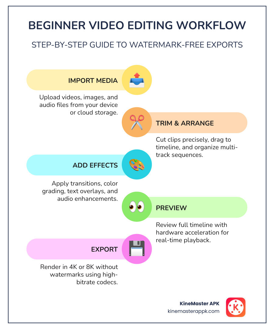 Infographic showing step-by-step beginner video editing workflow from import to watermark-free export infographic