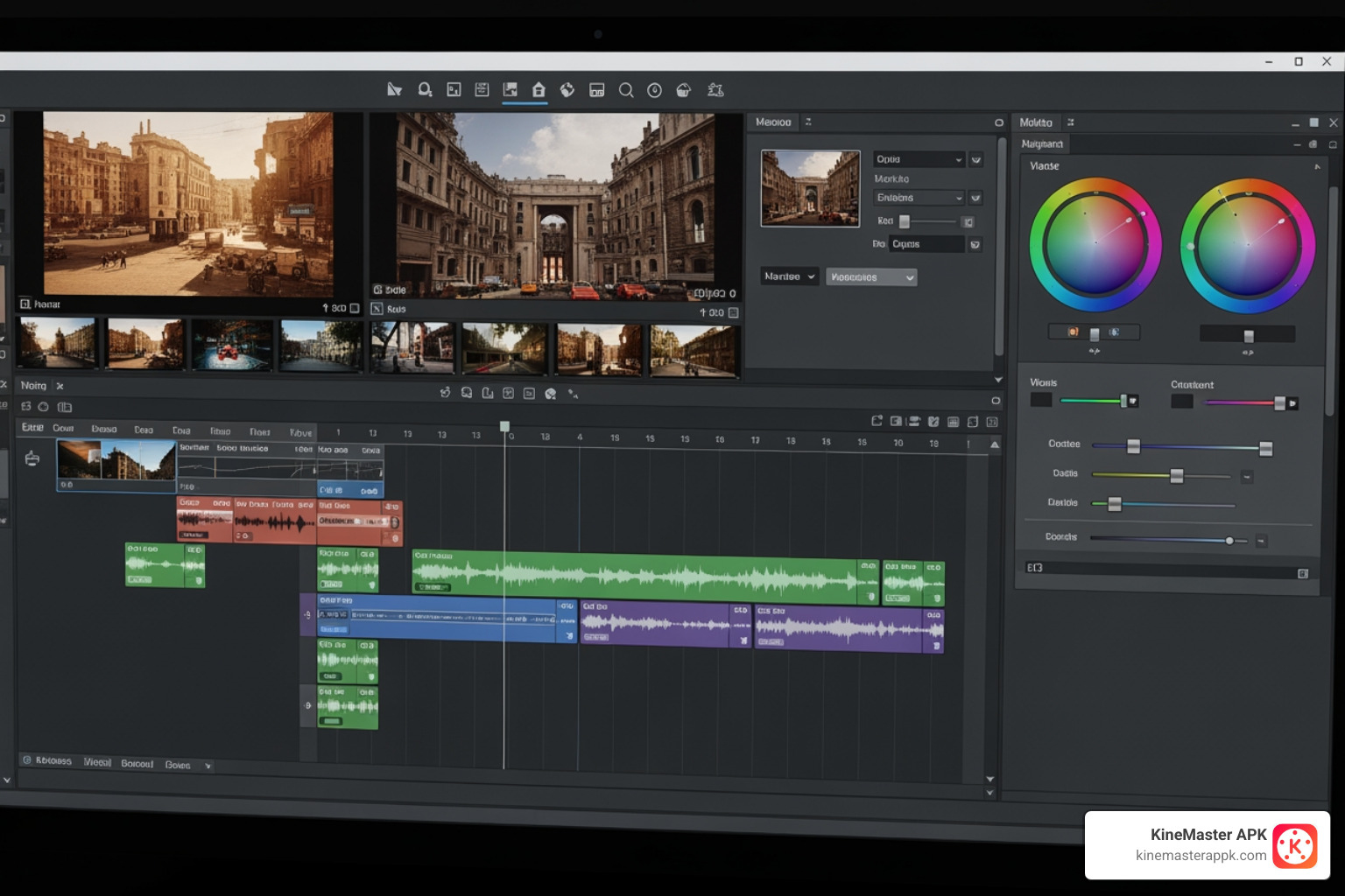 Professional editing software interface showing multi-track timeline and color grading wheels