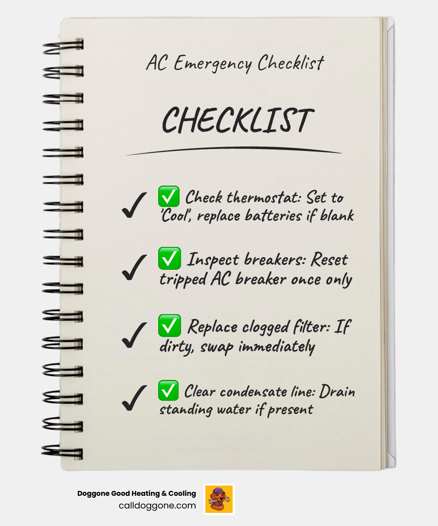 Infographic of a homeowner's pre-call checklist: Check thermostat batteries, verify circuit breaker is ON, inspect air