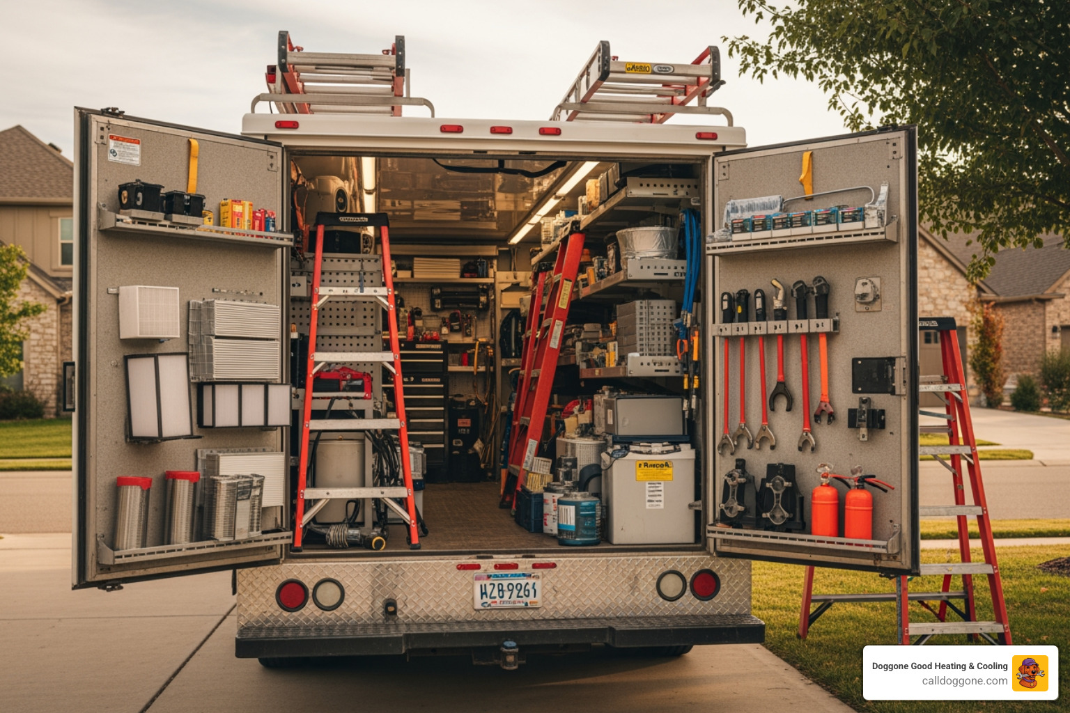 A fully stocked HVAC service truck parked in a residential driveway with tools and replacement parts visible