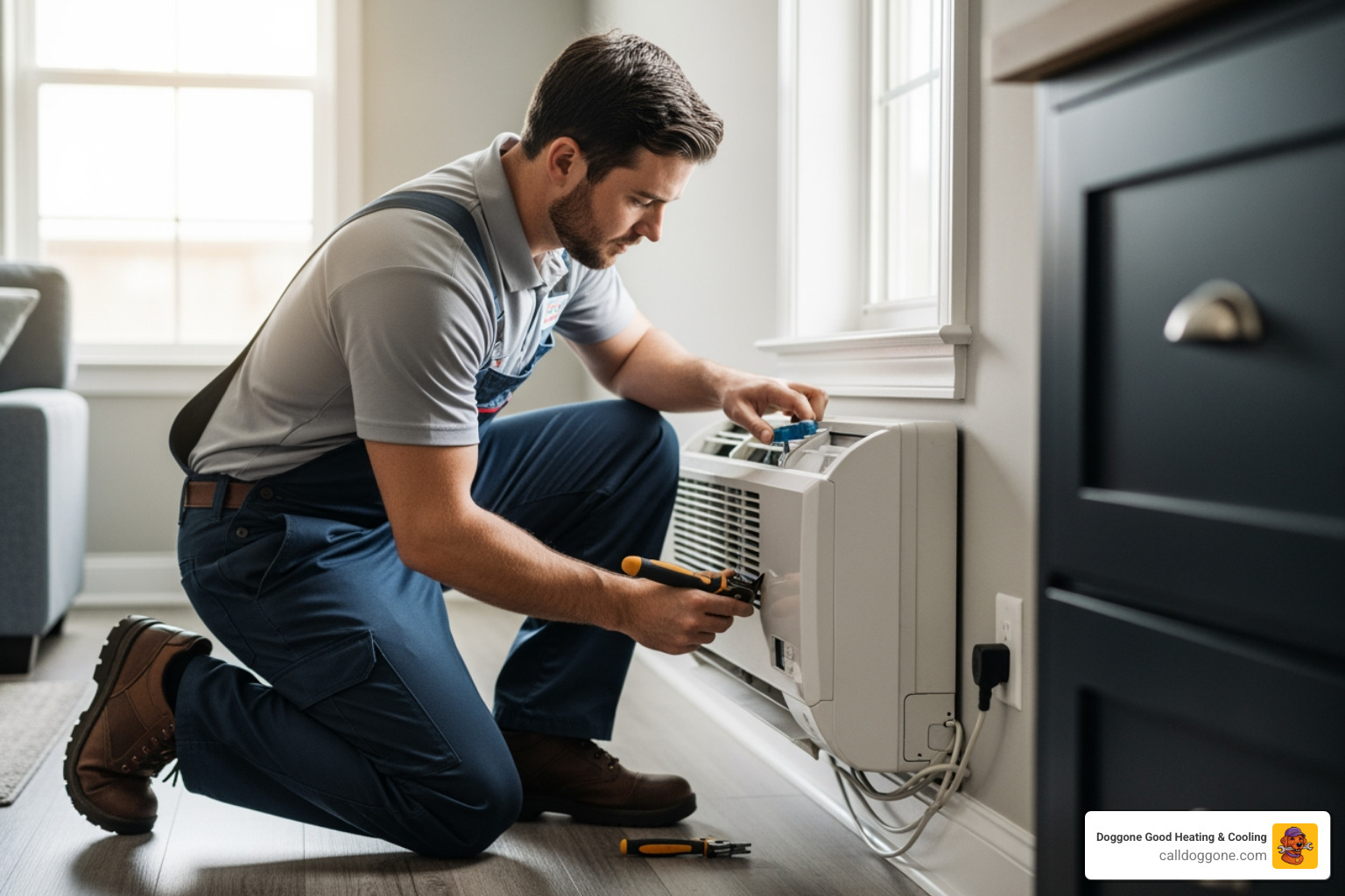 professional HVAC technician performing a new air conditioning installation