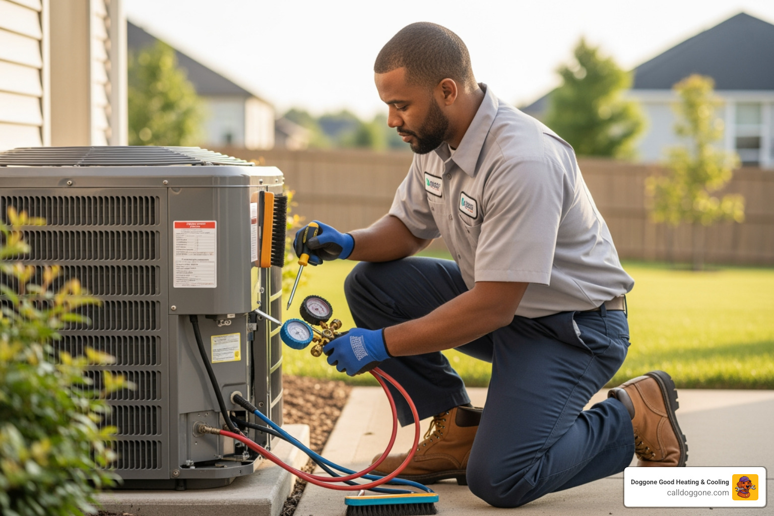 A professional HVAC technician wearing a clean uniform performing a seasonal tune-up on a home air conditioning unit A professional HVAC technician wearing a clean uniform performing a seasonal tune-up on a home air conditioning unit