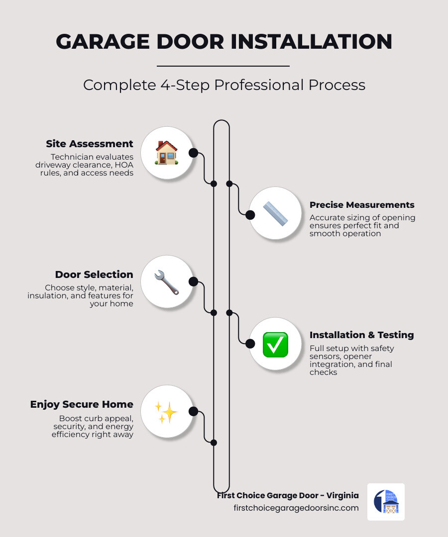 4-step garage door installation process infographic: site assessment, measurements, door selection, installation and testing