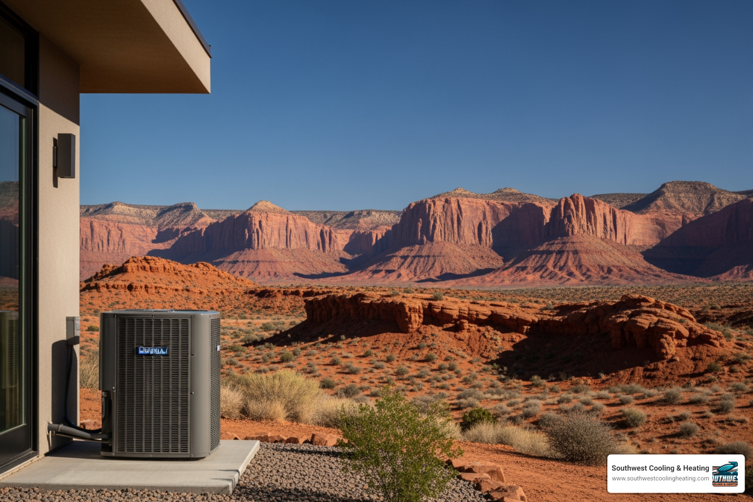 A modern residential AC unit installed outside a home in a desert landscape with red rock views A modern residential AC unit installed outside a home in a desert landscape with red rock views
