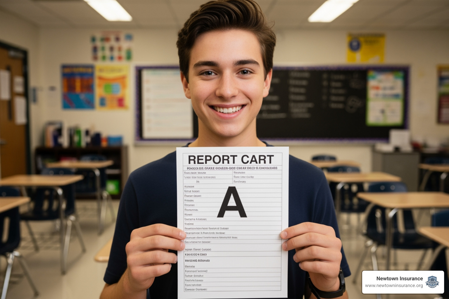 Student holding a report card with an A grade Student holding a report card with an A grade