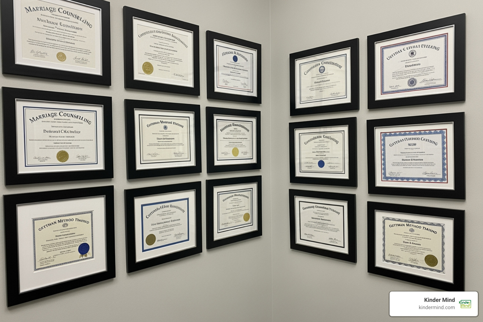 Professional therapy certifications and licenses displayed on a wall