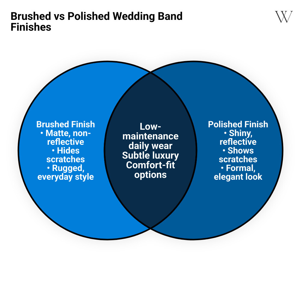 Infographic comparing brushed vs polished wedding band finishes, scratch visibility, and style appeal infographic