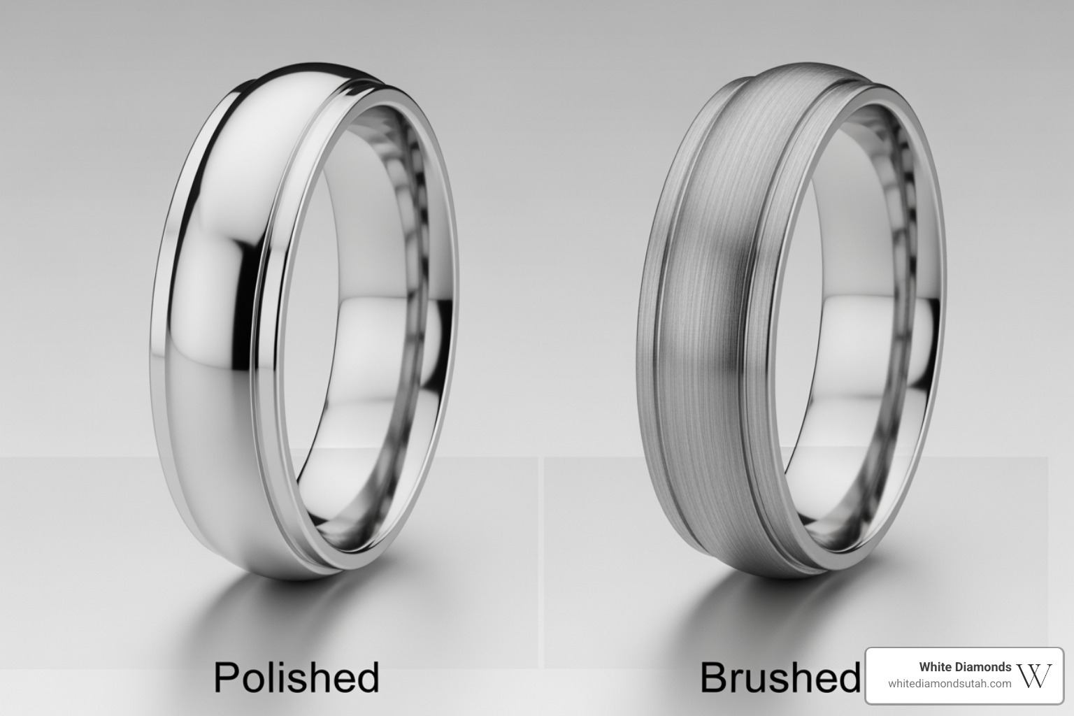 Side-by-side comparison of a brushed wedding band and a polished wedding band