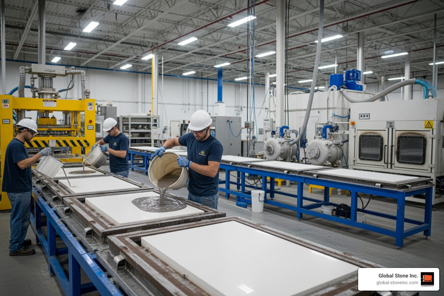 Modern manufacturing facility showing the casting and curing process of engineered stone slabs Modern manufacturing facility showing the casting and curing process of engineered stone slabs