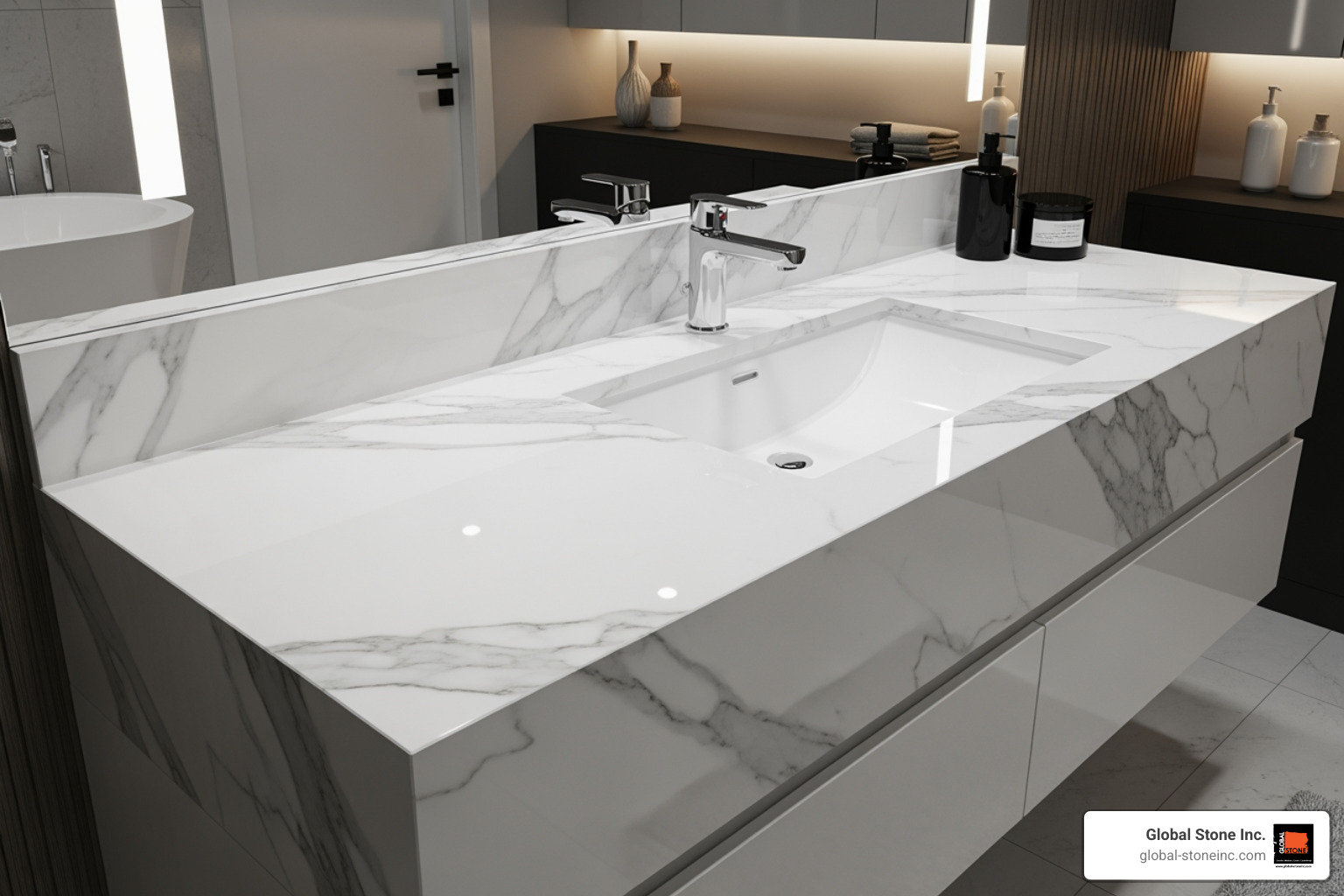 A custom-fabricated artificial marble vanity top with an integrated rectangular sink and 8-inch faucet spacing A custom-fabricated artificial marble vanity top with an integrated rectangular sink and 8-inch faucet spacing