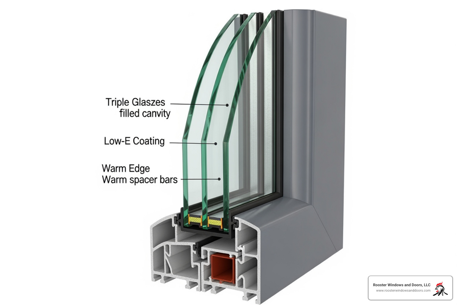 Cross-section of a triple glazed French door showing the three panes of glass and multi-chambered frame
