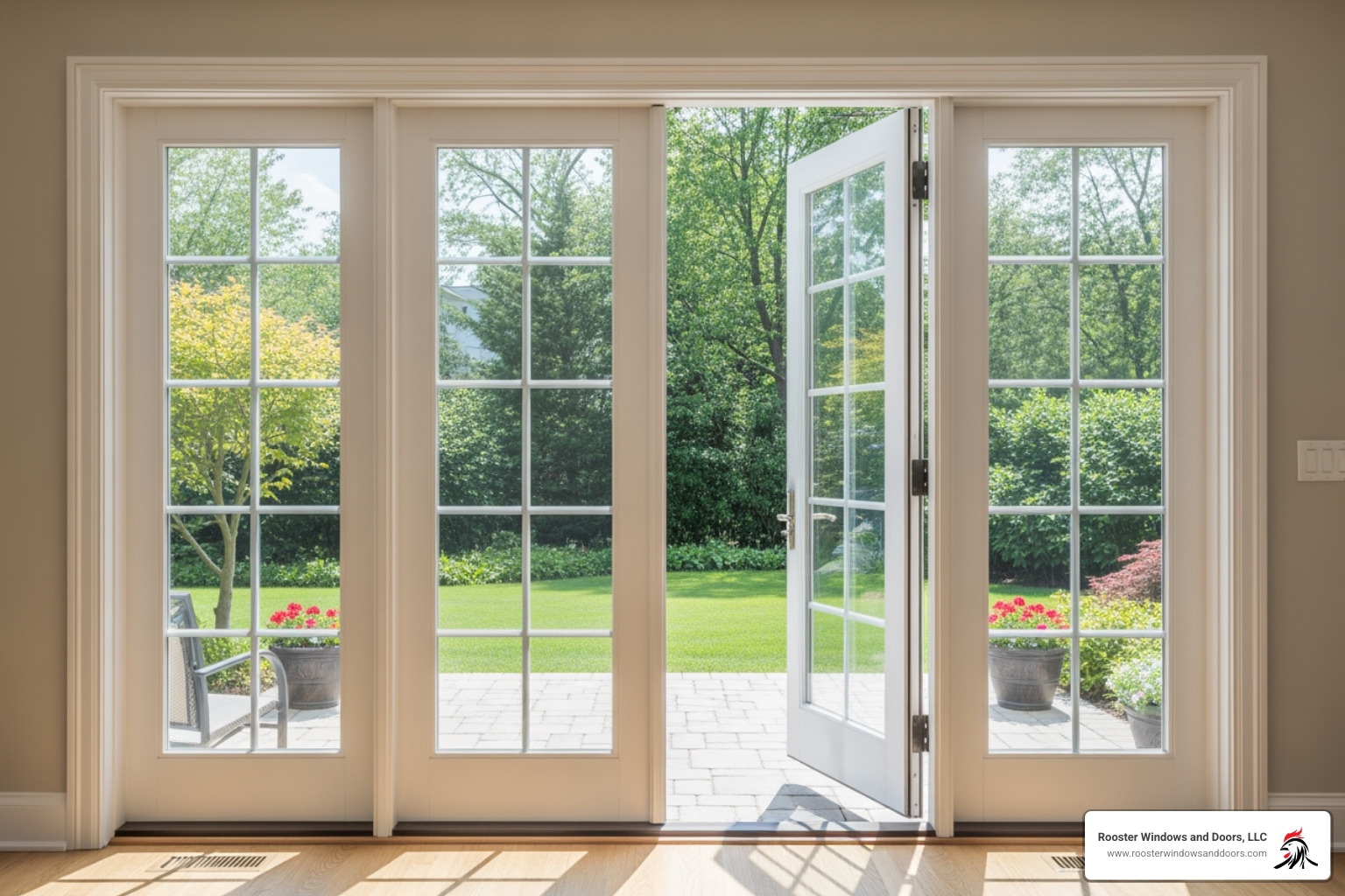 A beautiful installation of white triple glazed French doors leading to a suburban garden