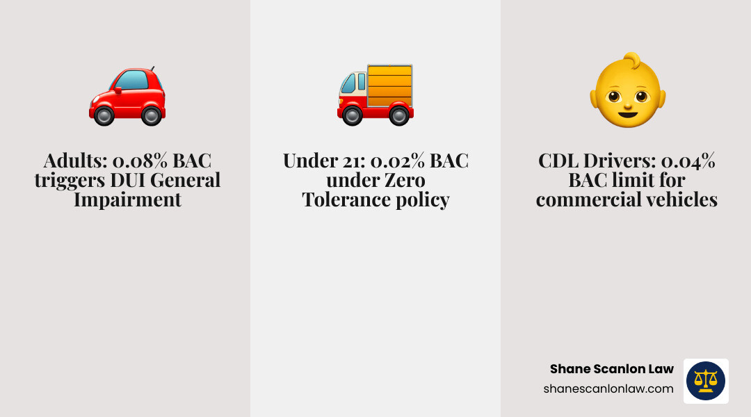 Infographic explaining PA BAC limits: 0.08 for adults, 0.04 for CDL, 0.02 for minors infographic Infographic explaining PA BAC limits: 0.08 for adults, 0.04 for CDL, 0.02 for minors infographic