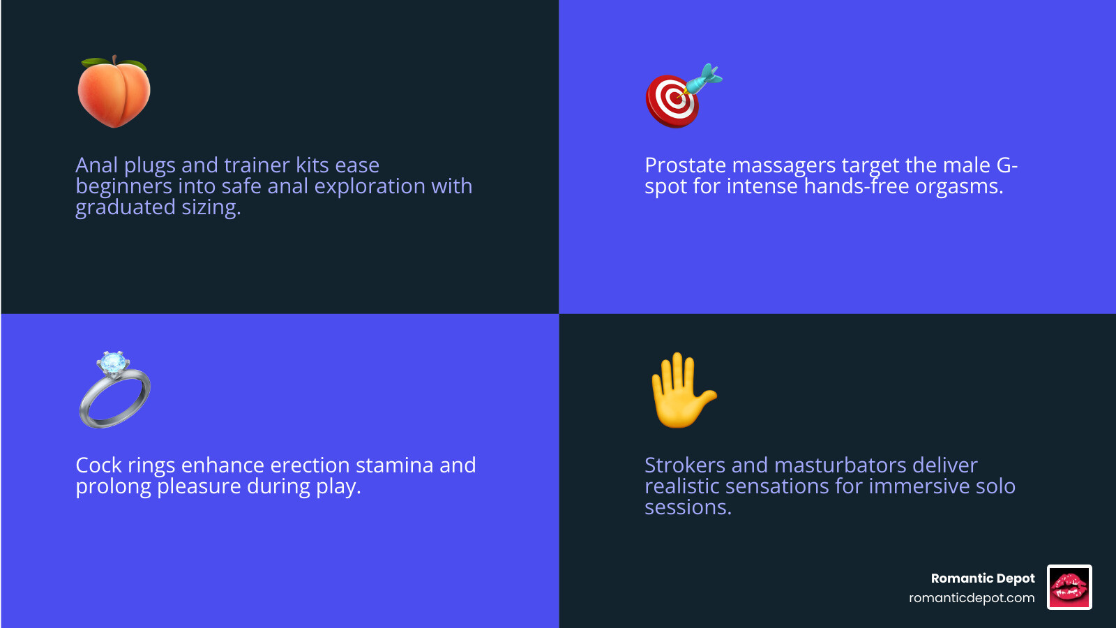 Infographic showing 6 toy categories for gay men with icons and brief descriptions infographic