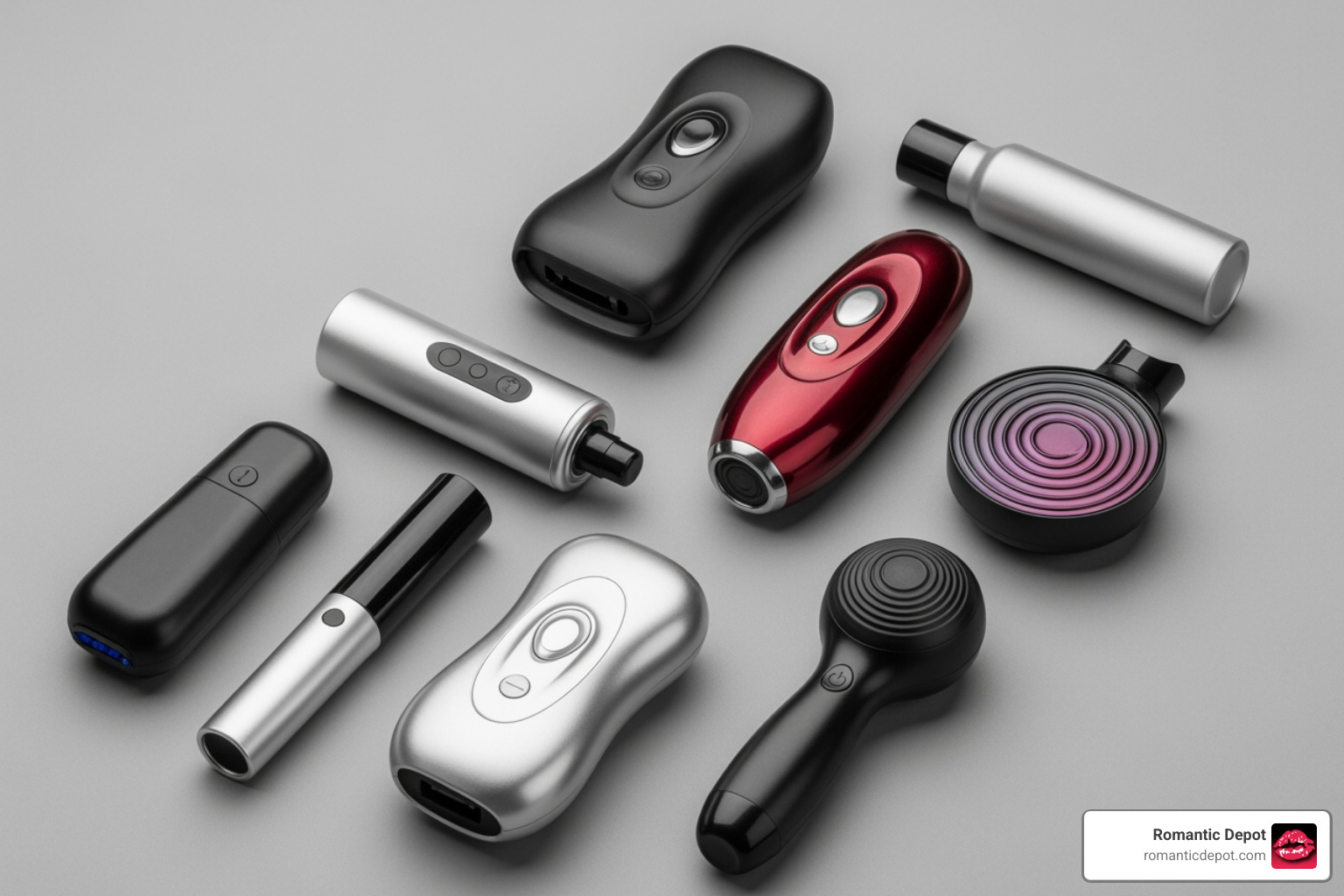 Flat-lay of various high-quality vibrators and lubricants on a neutral background Flat-lay of various high-quality vibrators and lubricants on a neutral background